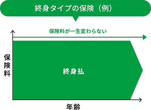 終身タイプの保険（例） 保険料が一生変わらない 年齢が上がっても保険料が変わらない